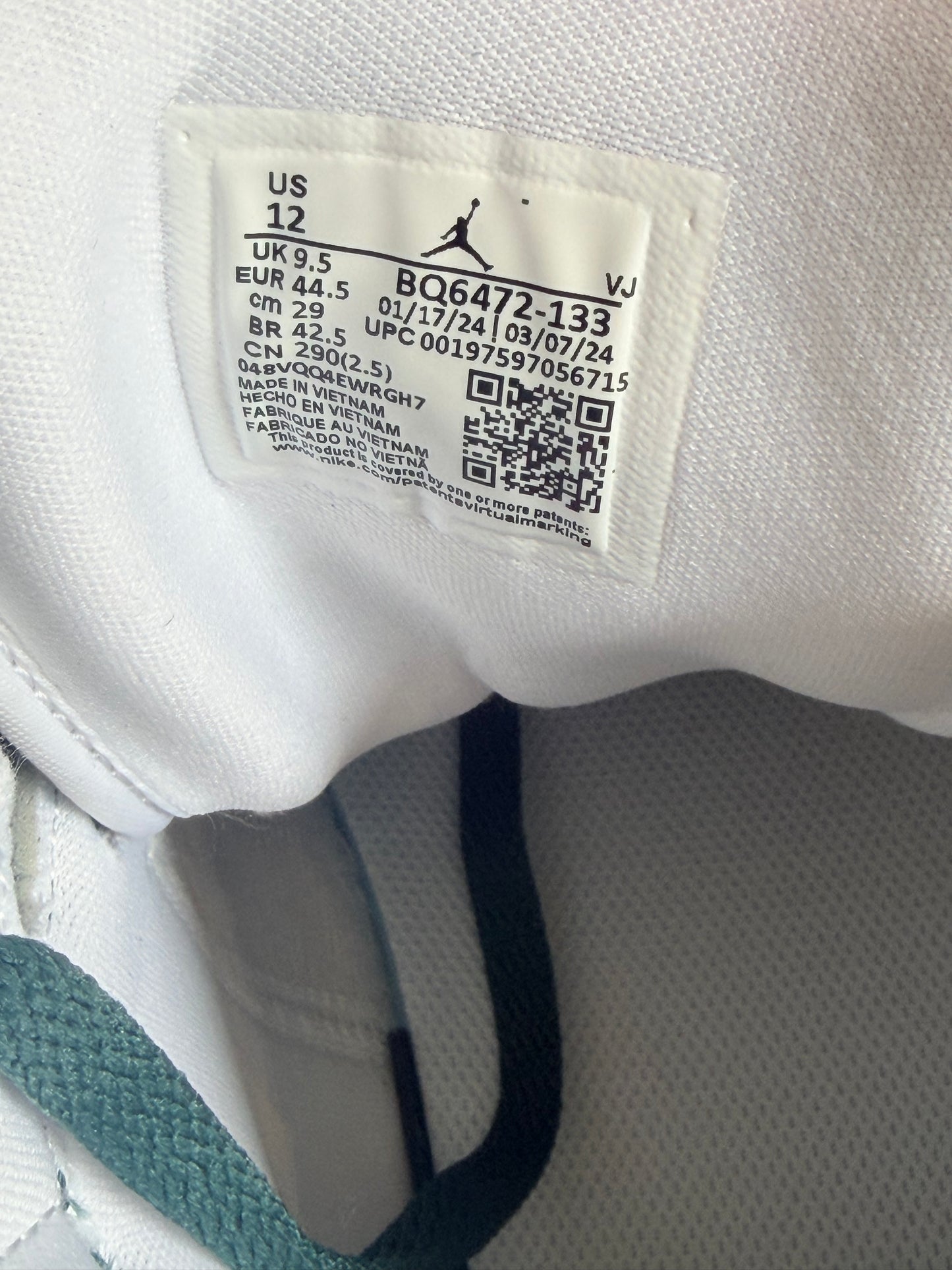 Jordan 1 mid white Green - TAILLE 44,5